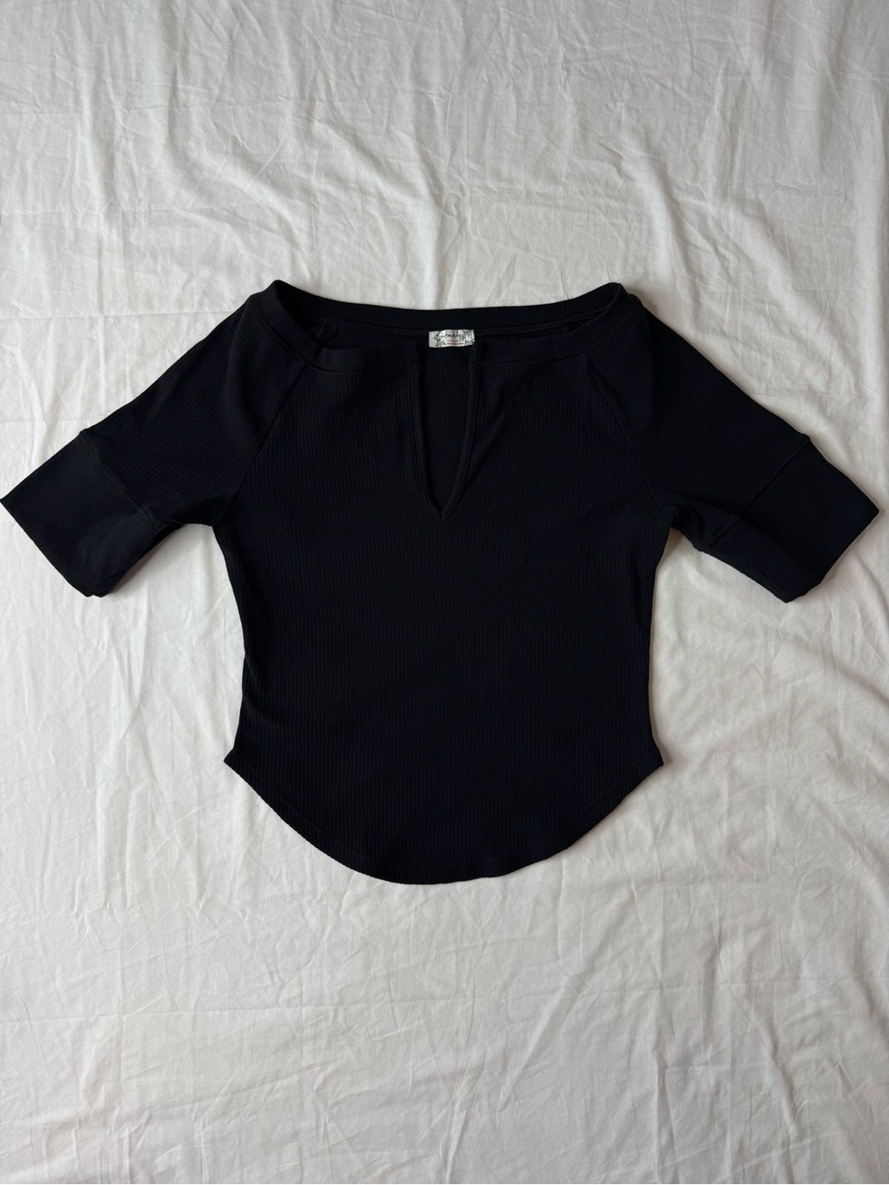 Intimately Free People Black Ribbed V-Neck Short Sleeve Top Medium
